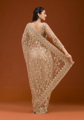 Beige Sequins Net Saree