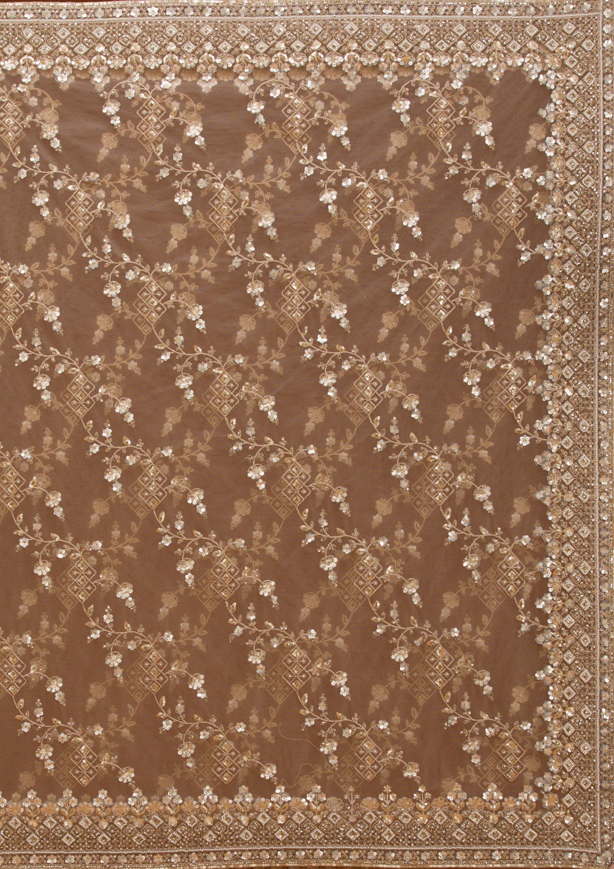 Beige Sequins Net Saree