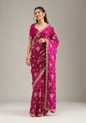Magenta Pink Cording Chinon Saree