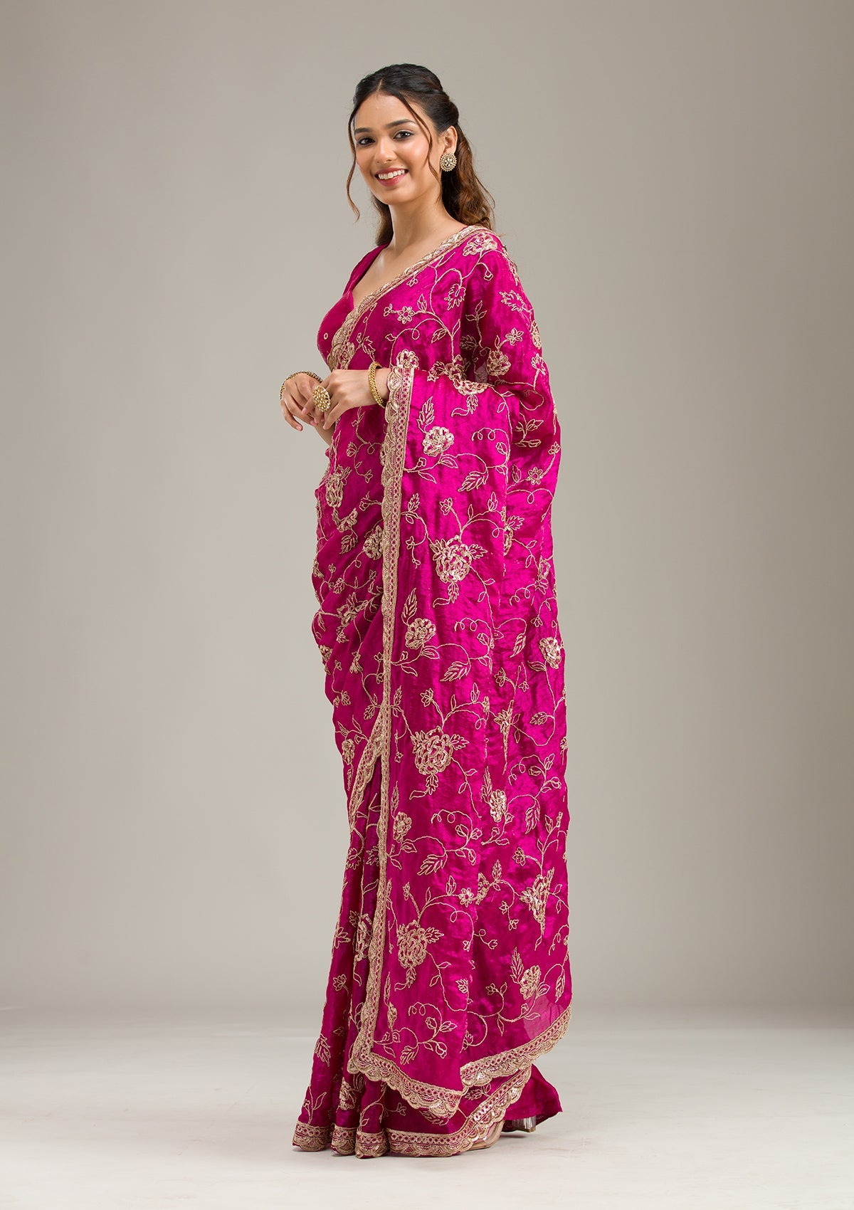 Magenta Pink Cording Chinon Saree