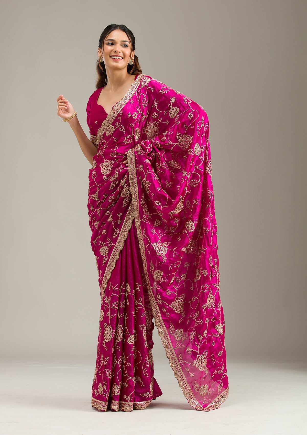 Magenta Pink Cording Chinon Saree