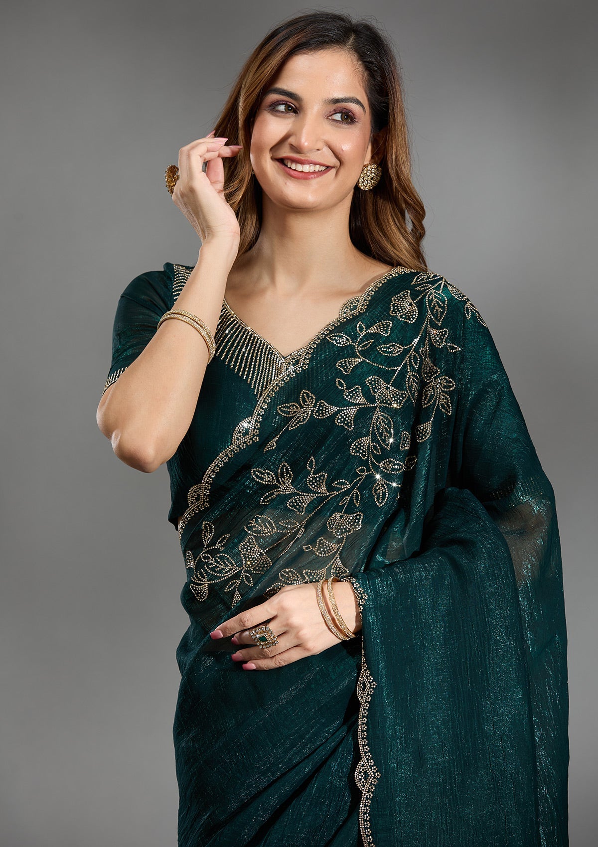 Teal Green Stonework (Gold) Georgette Saree