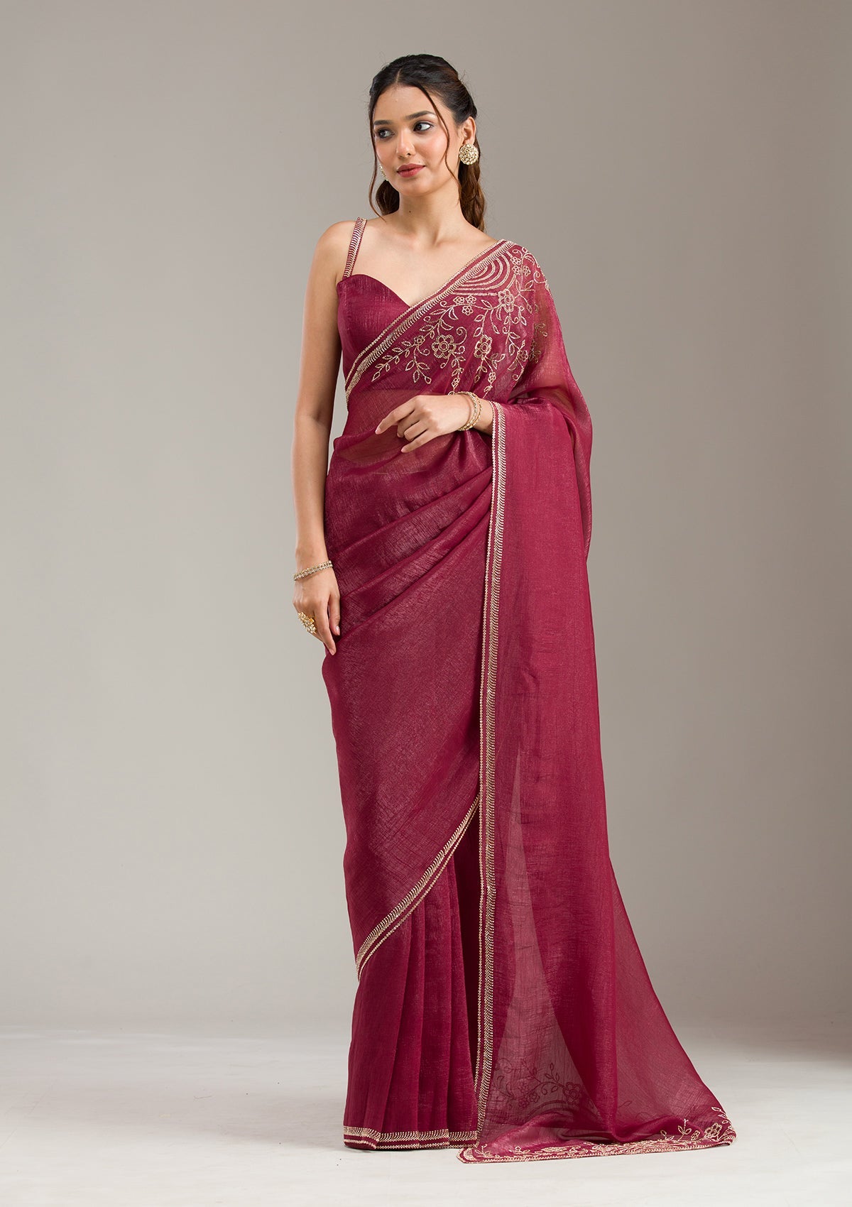 Maroon Stonework (Gold) Tissue Saree
