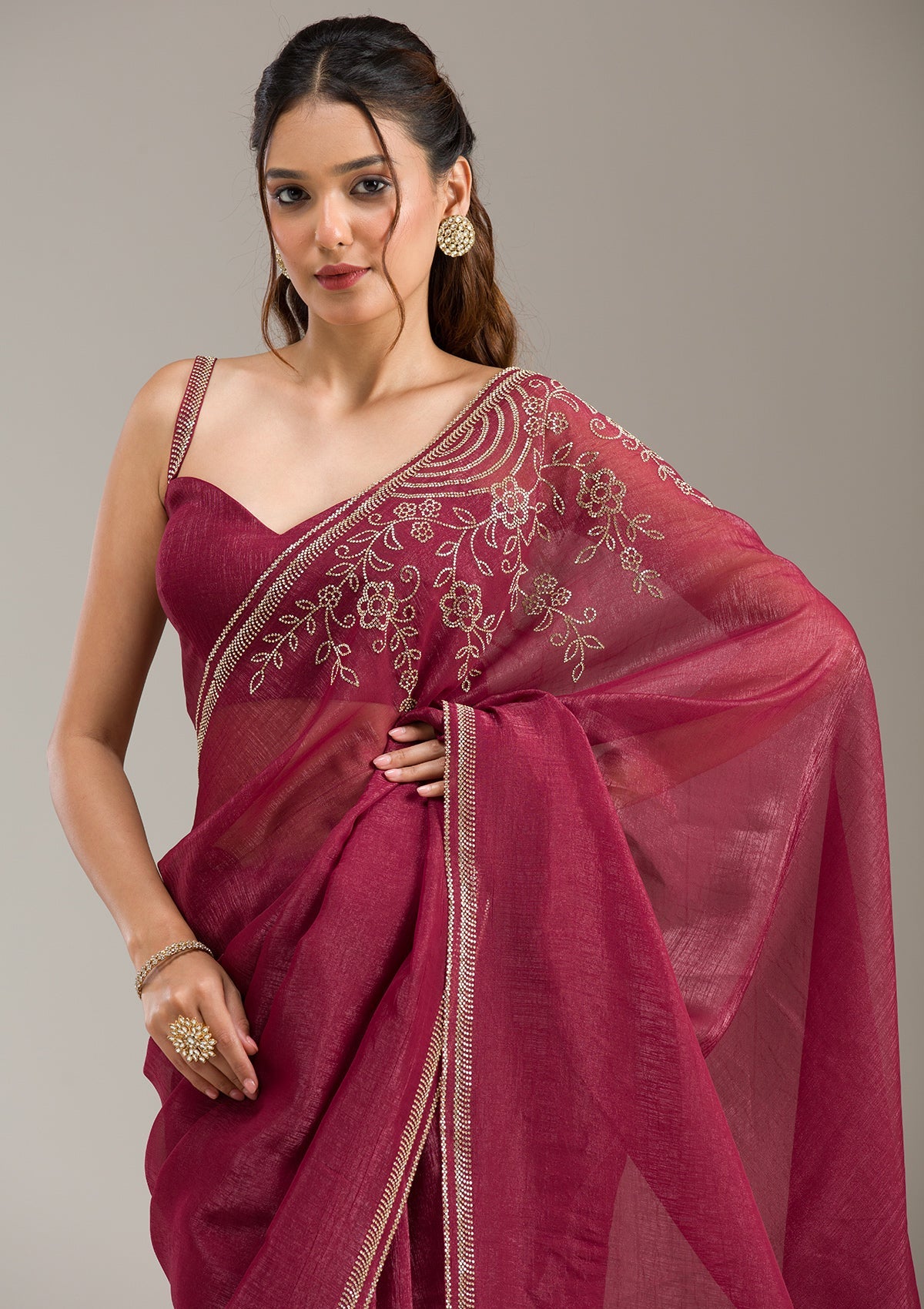 Maroon Stonework (Gold) Tissue Saree