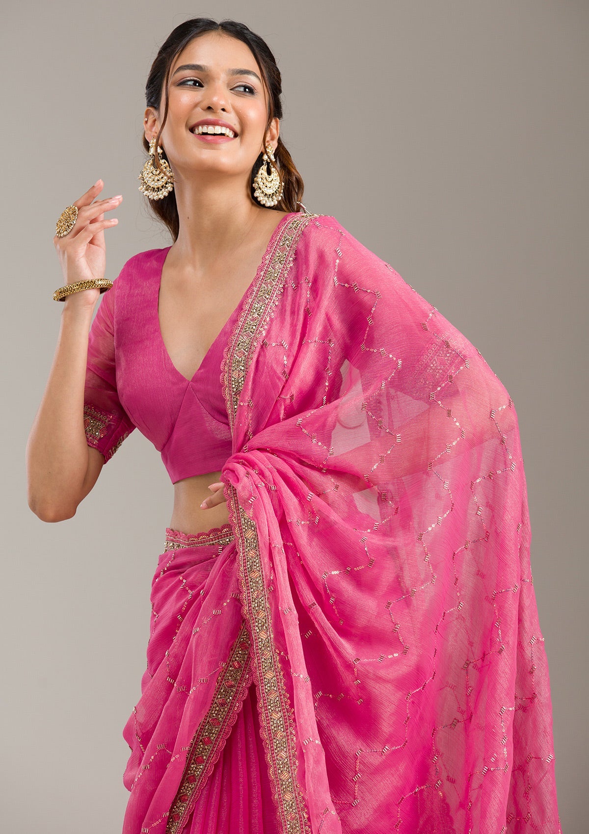 Pink Stonework (Gold) Tissue Saree