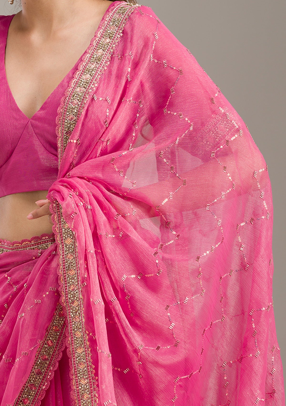 Pink Stonework (Gold) Tissue Saree