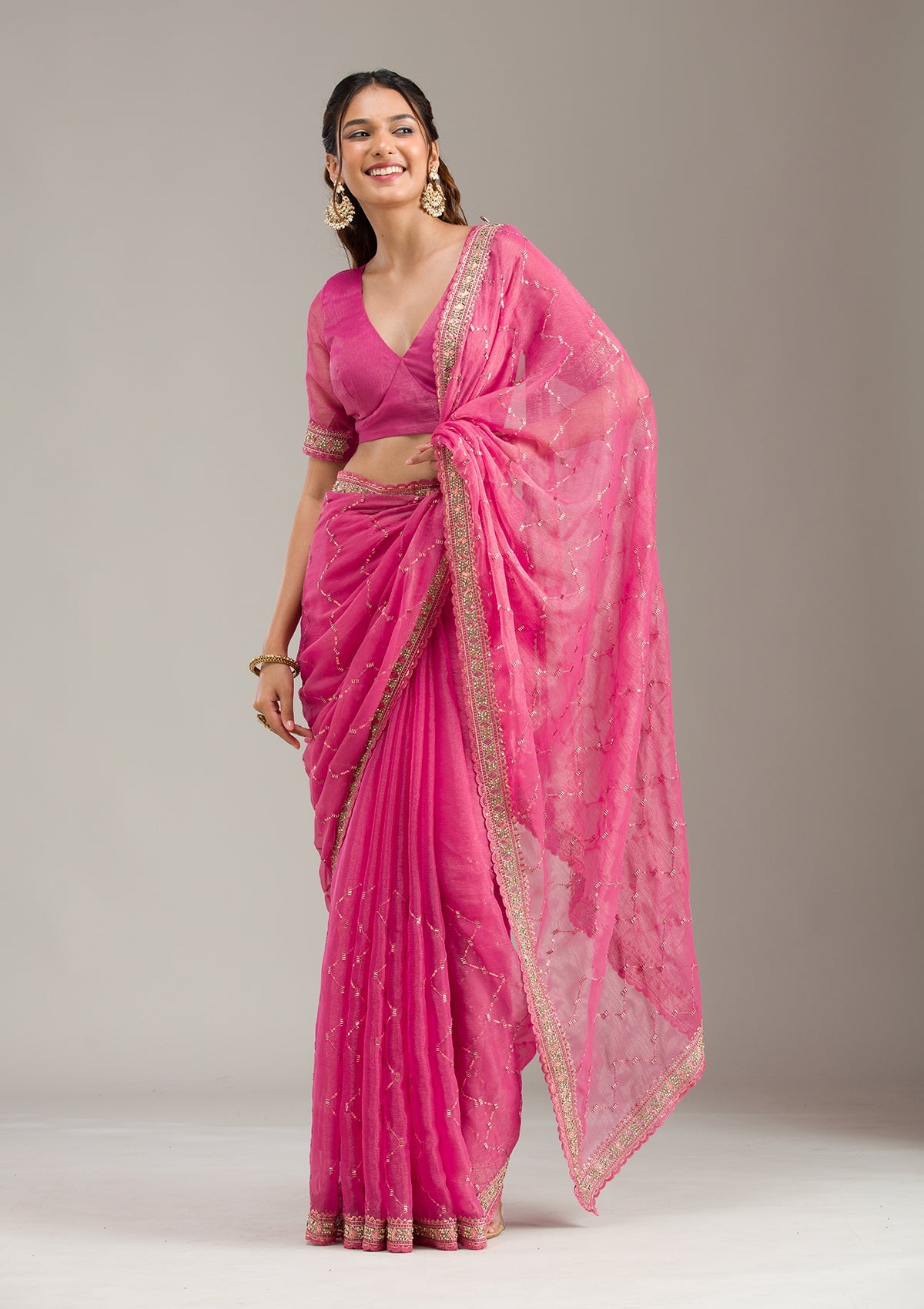 Pink Stonework (Gold) Tissue Saree