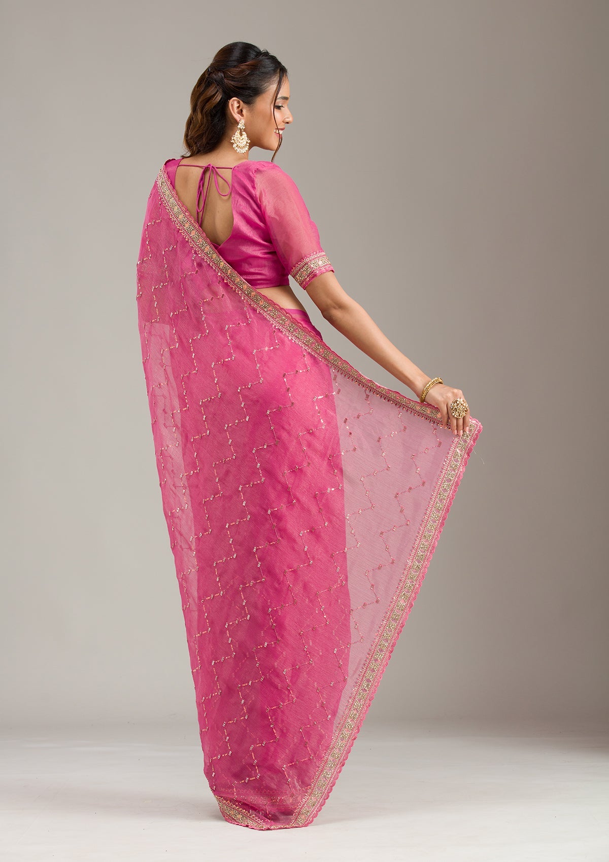 Pink Stonework (Gold) Tissue Saree