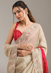 Beige Zariwork (Gold) Organza Saree