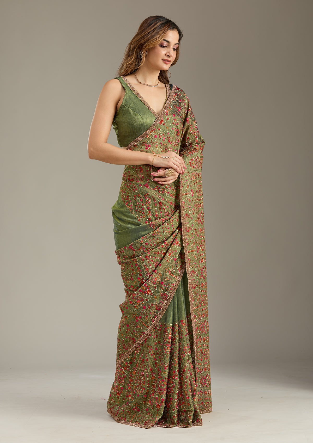 Green Kashmiri Tissue Saree