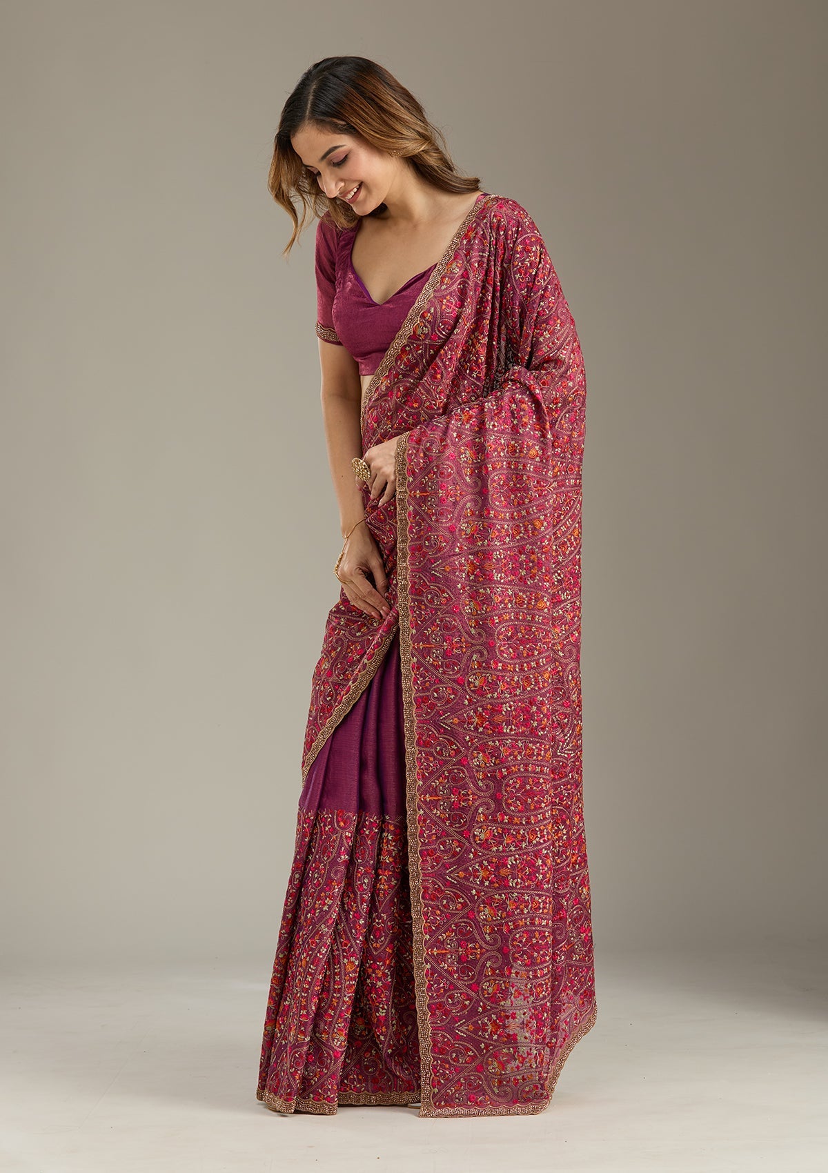 Wine Kashmiri Tissue Saree