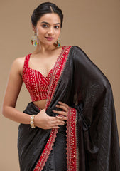 Black Printed Satin Saree