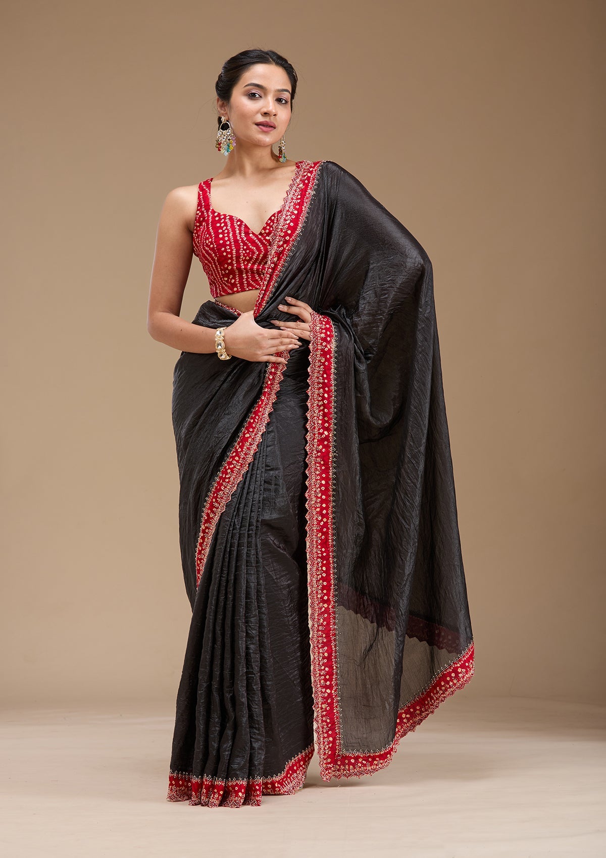 Black Printed Satin Saree