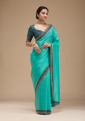 Sea Green Printed Satin Saree