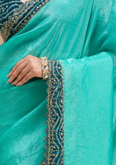 Sea Green Printed Satin Saree