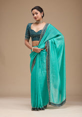 Sea Green Printed Satin Saree