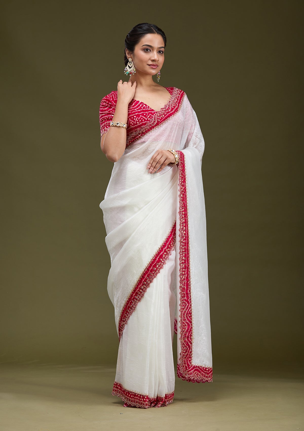White Printed Satin Saree
