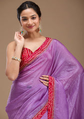 Lavender Printed Satin Saree