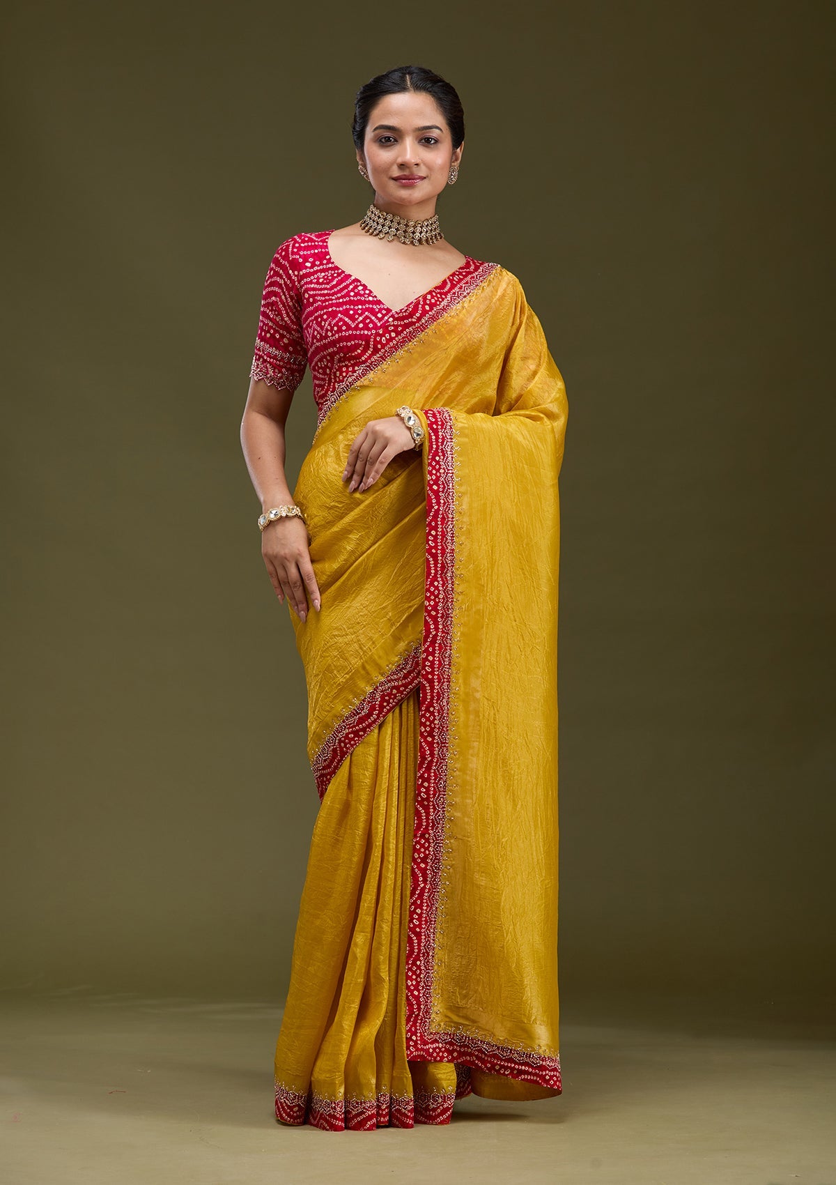 Mustard Printed Satin Saree