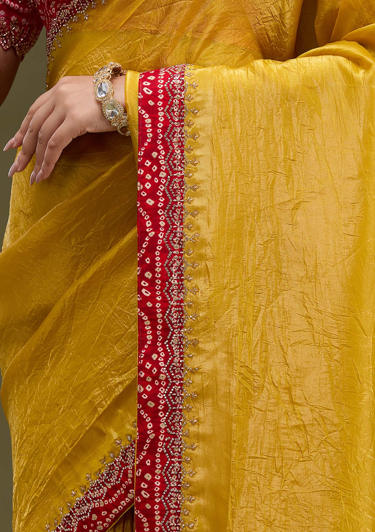 Mustard Printed Satin Saree