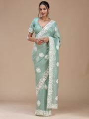 Sea Green Pearlwork Tissue Saree