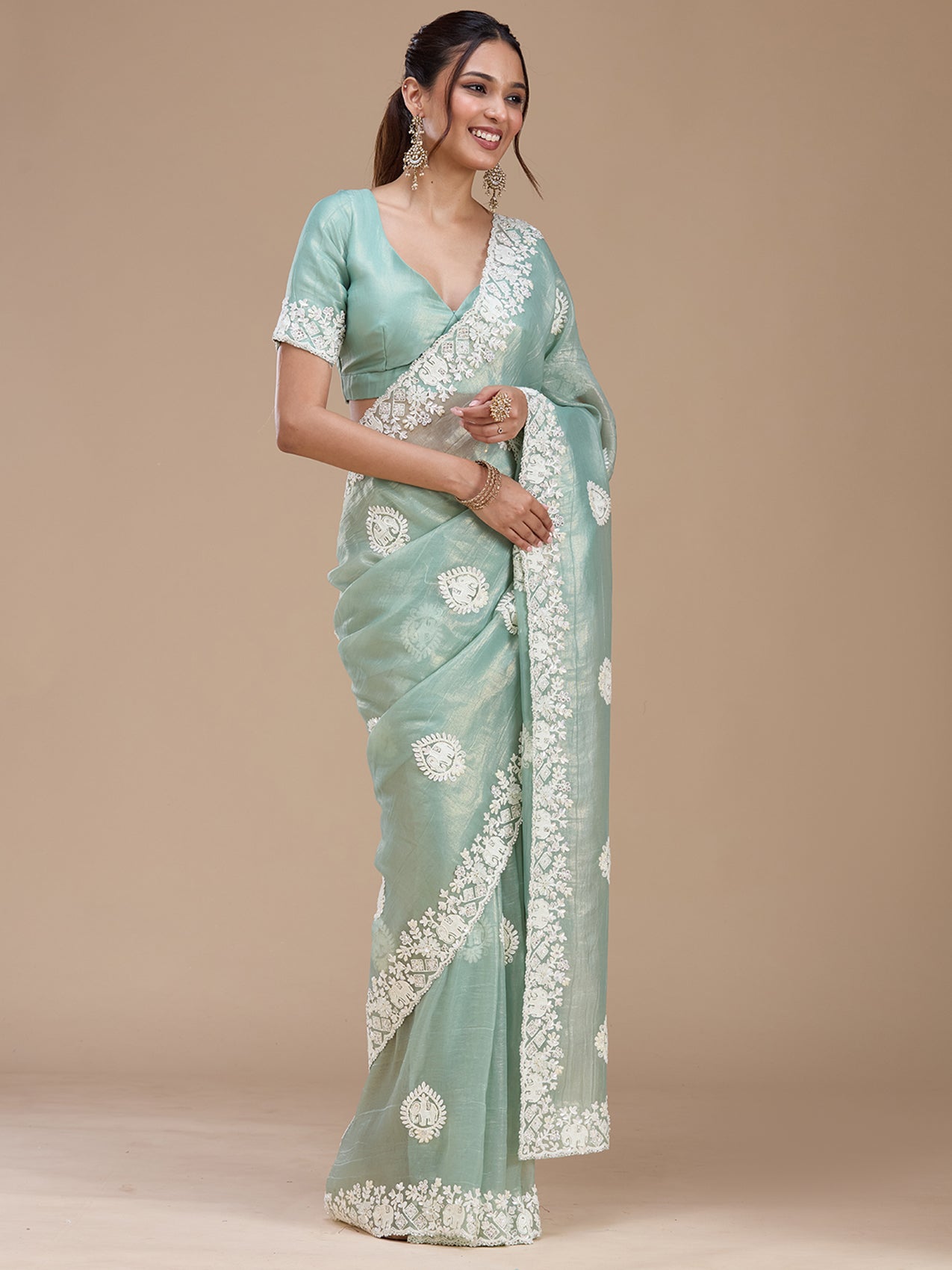 Sea Green Pearlwork Tissue Saree