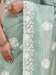 Sea Green Pearlwork Tissue Saree