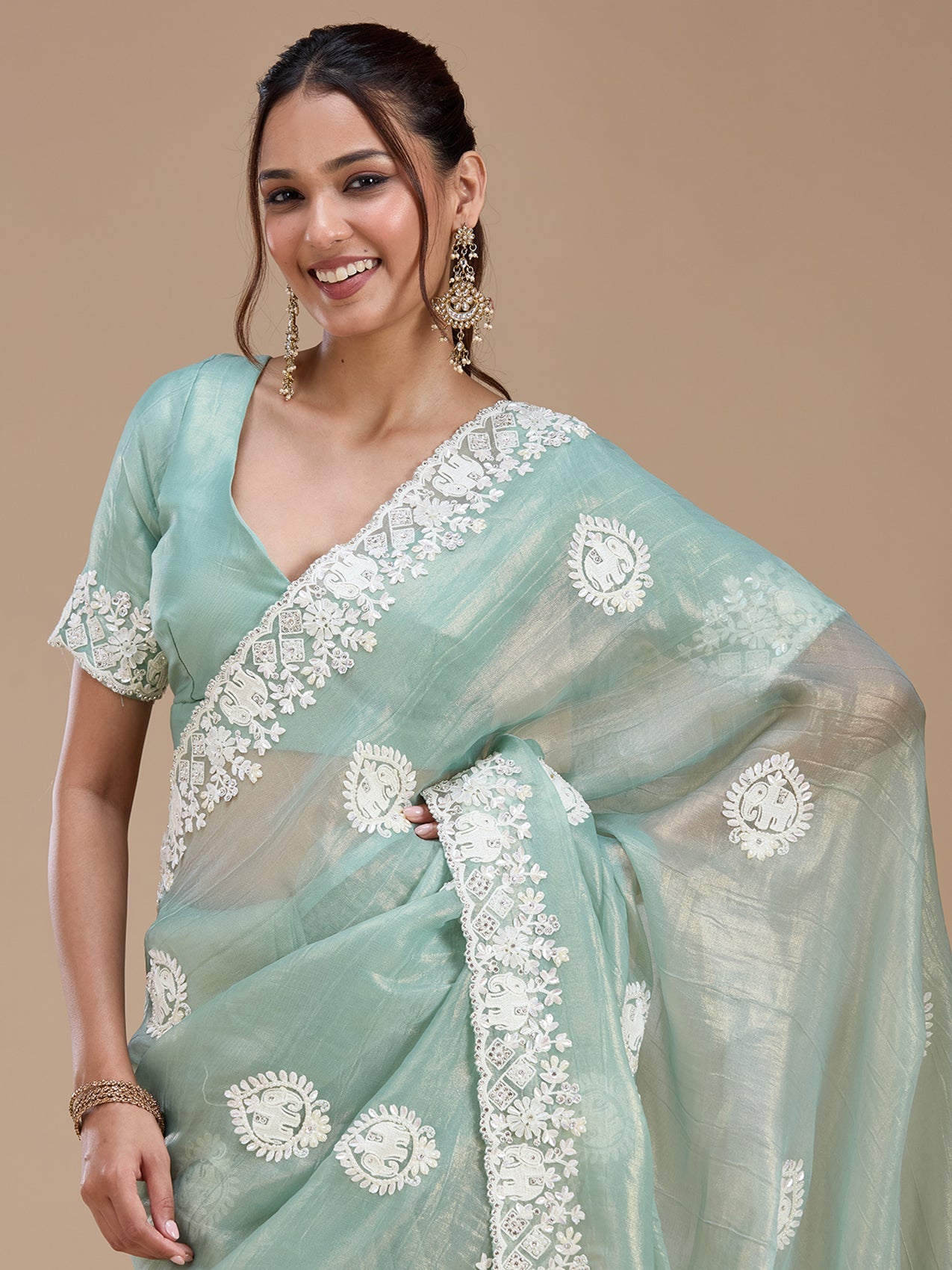 Sea Green Pearlwork Tissue Saree