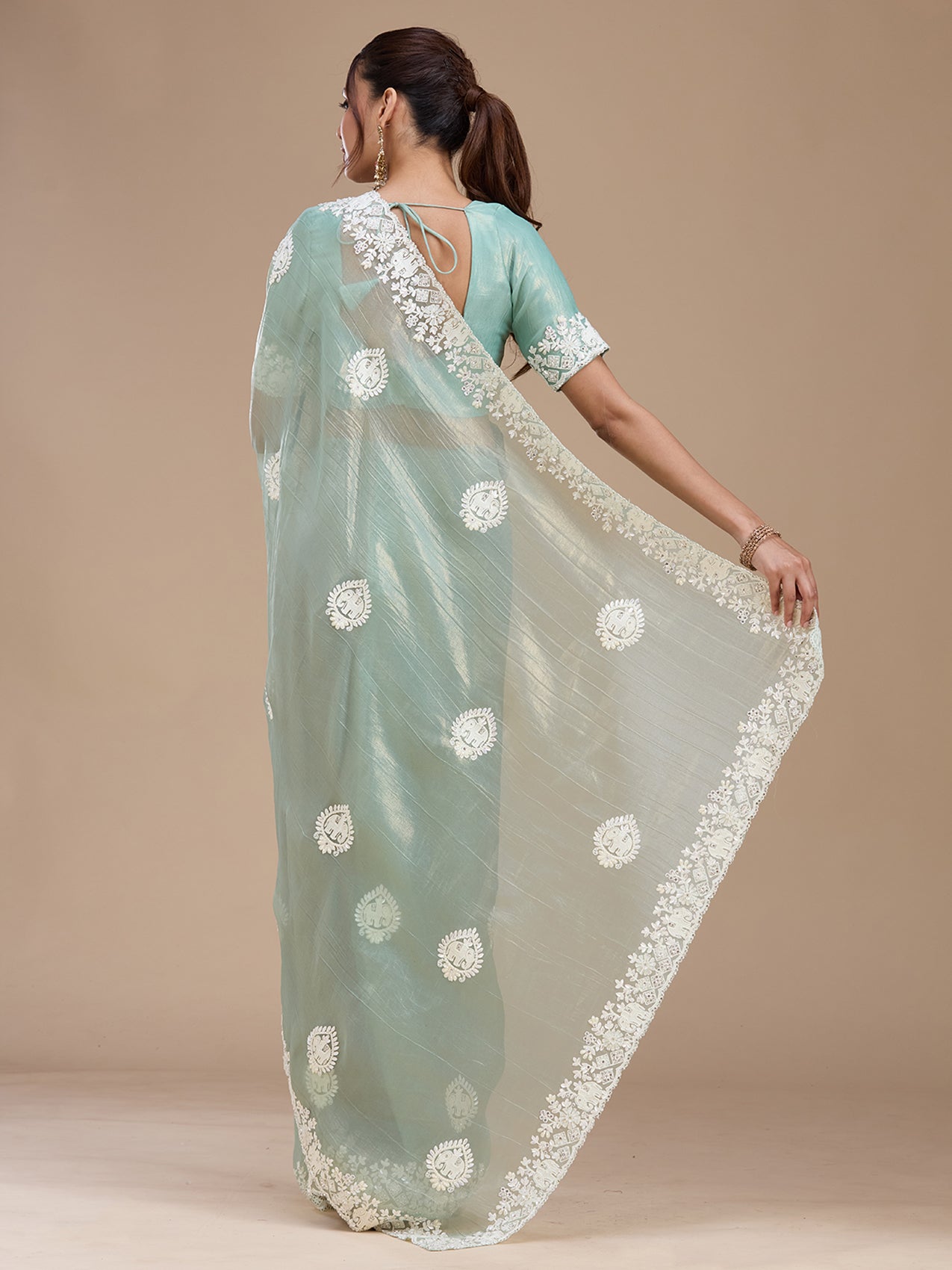 Sea Green Pearlwork Tissue Saree
