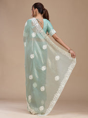 Sea Green Pearlwork Tissue Saree