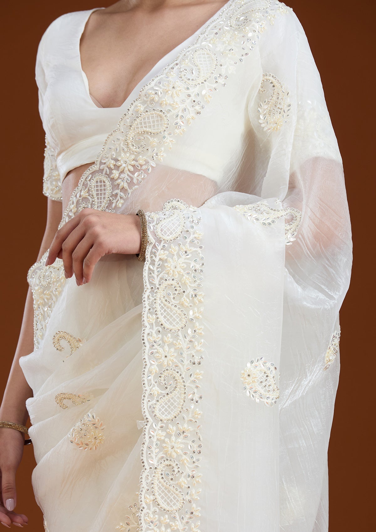 Off White Pearlwork Tissue Saree
