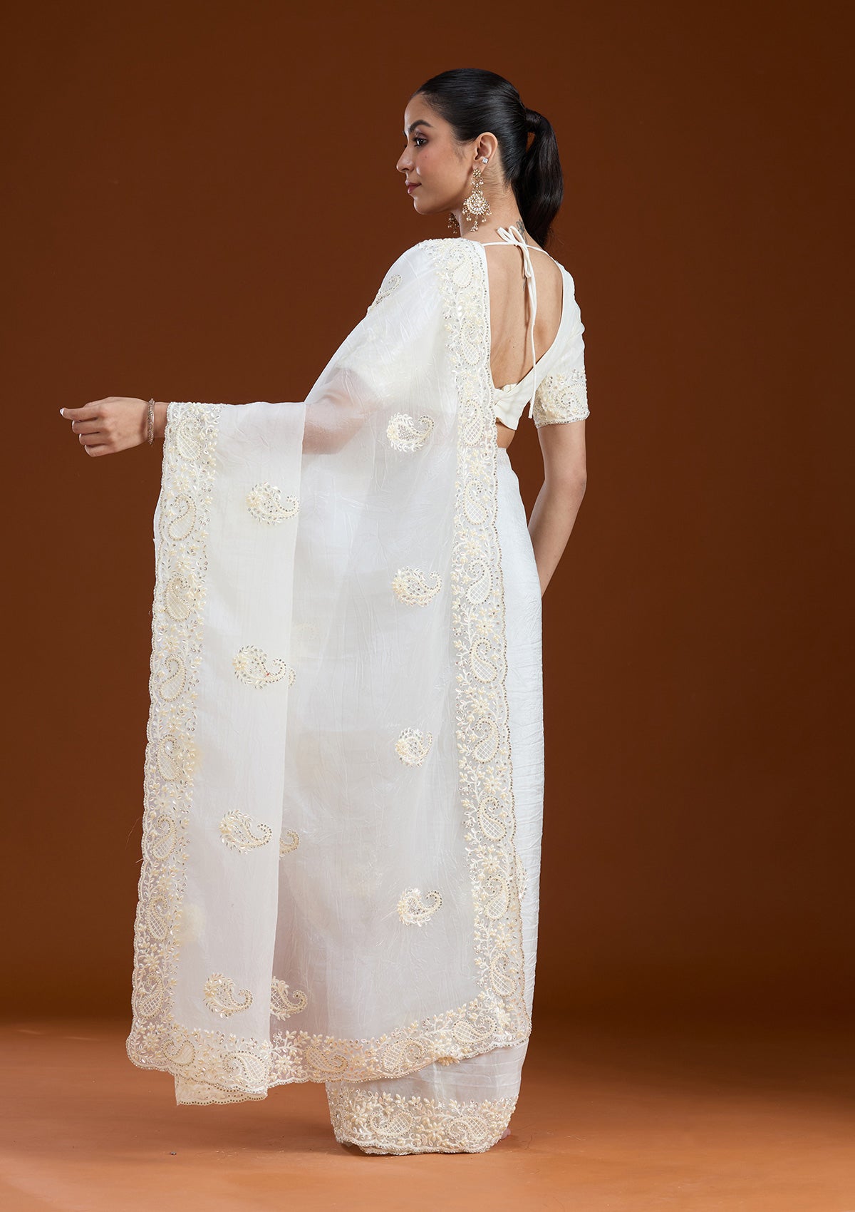 Off White Pearlwork Tissue Saree