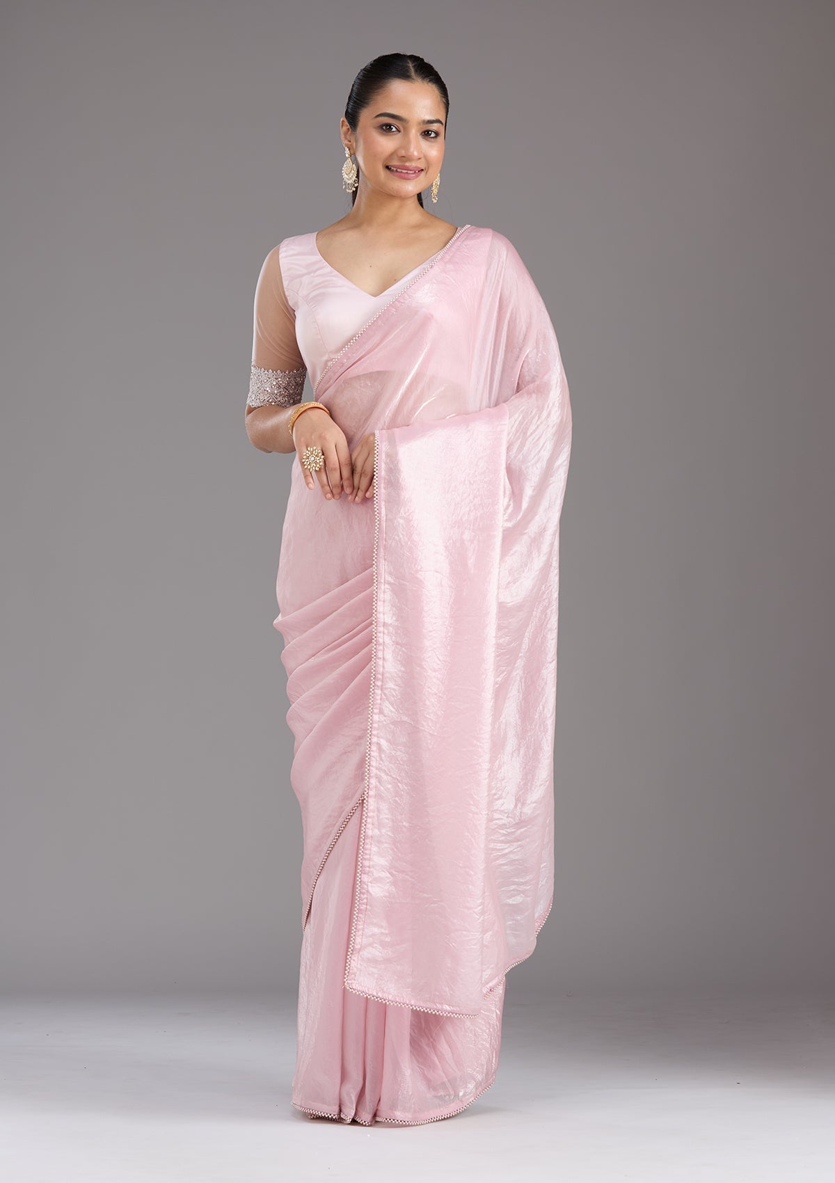 Baby Pink Pearlwork Tissue Saree