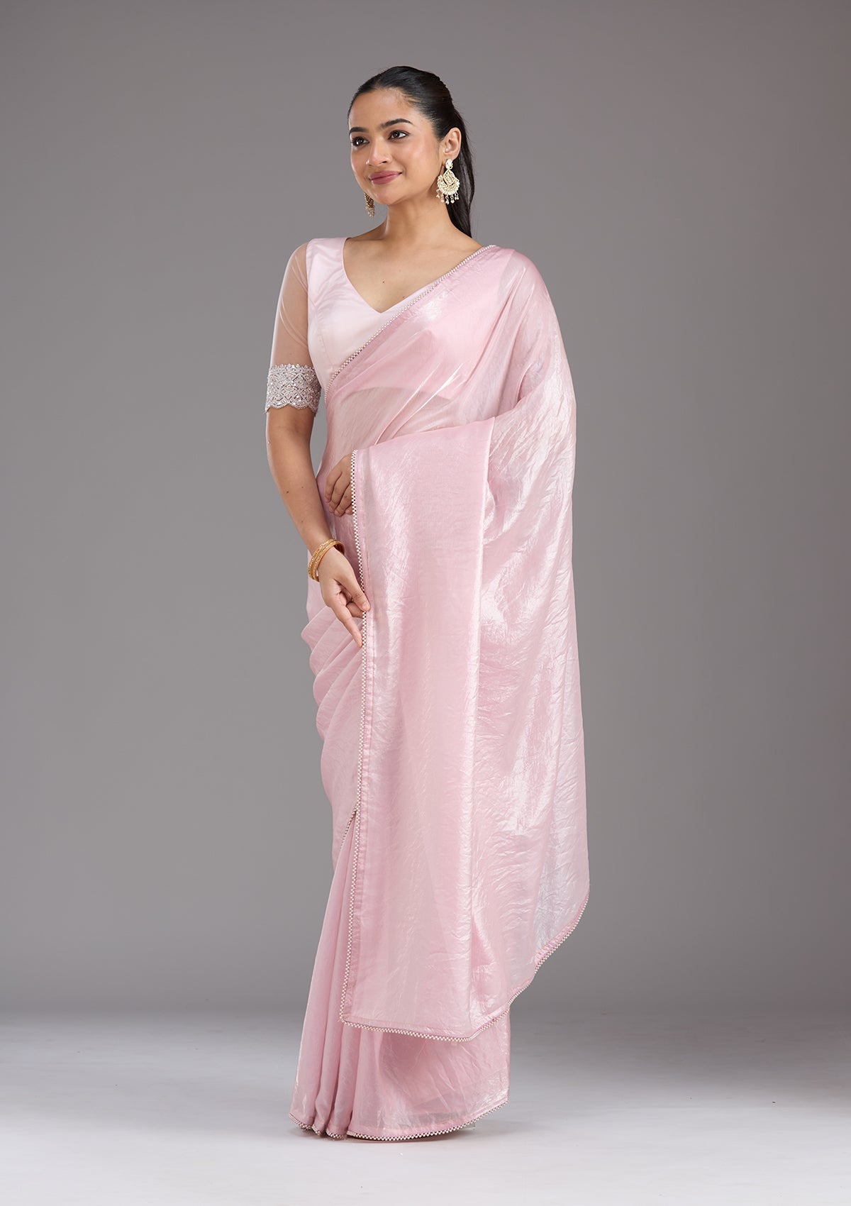 Baby Pink Pearlwork Tissue Saree