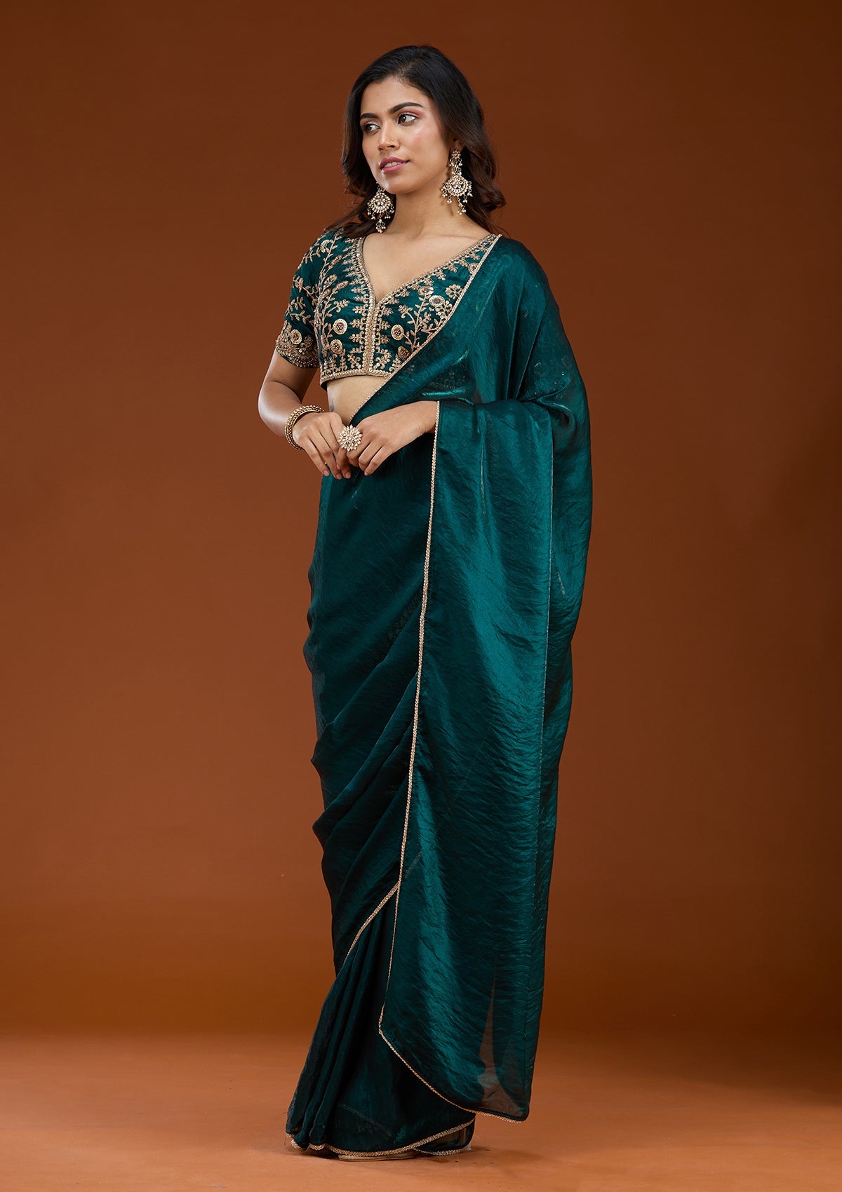 Bottle Green Sequins Tissue Saree