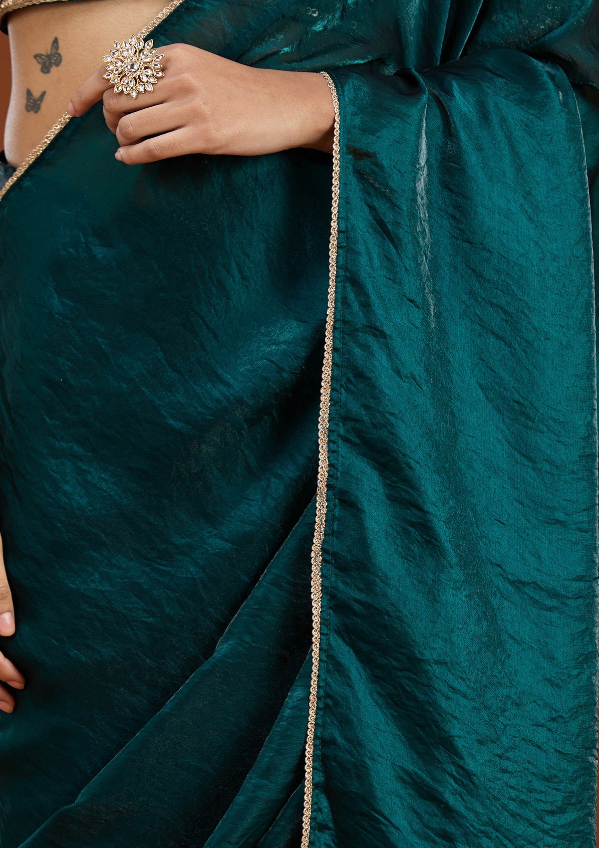 Bottle Green Sequins Tissue Saree