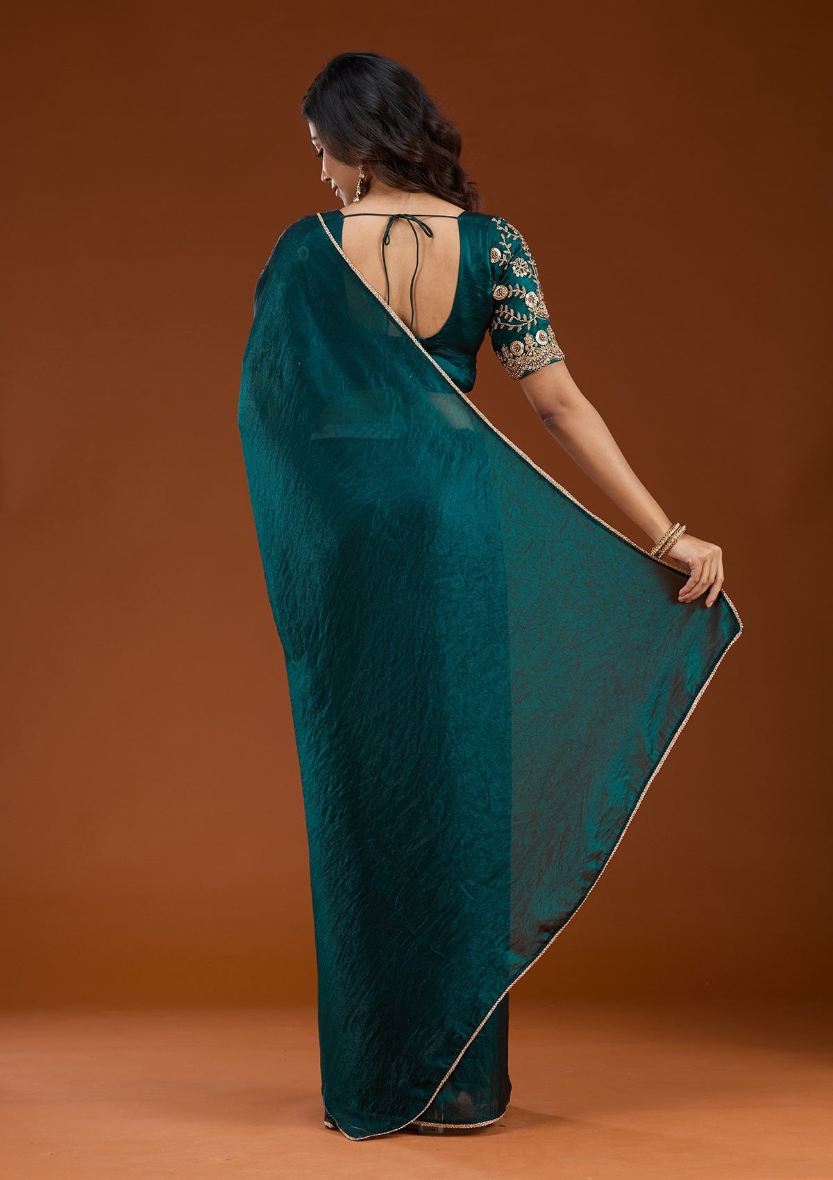 Bottle Green Sequins Tissue Saree