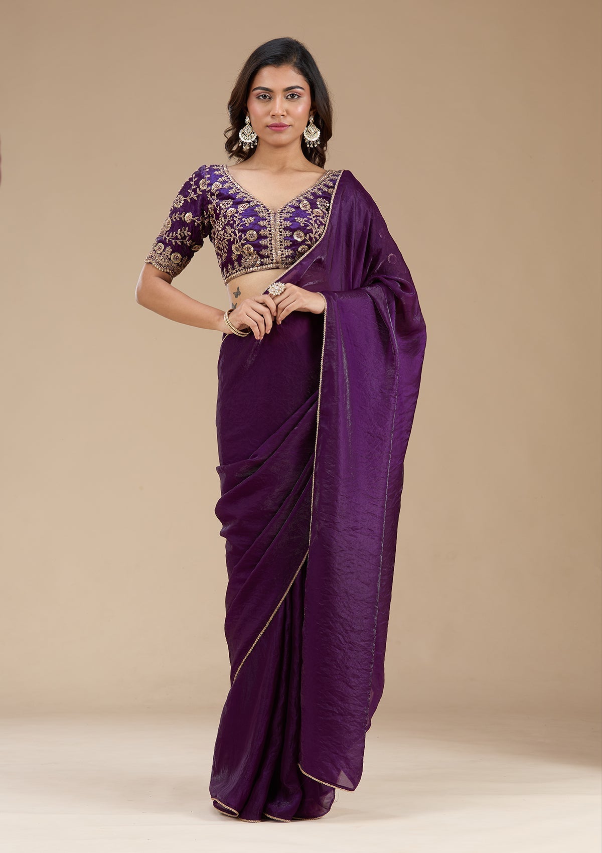 Purple Sequins Tissue Saree