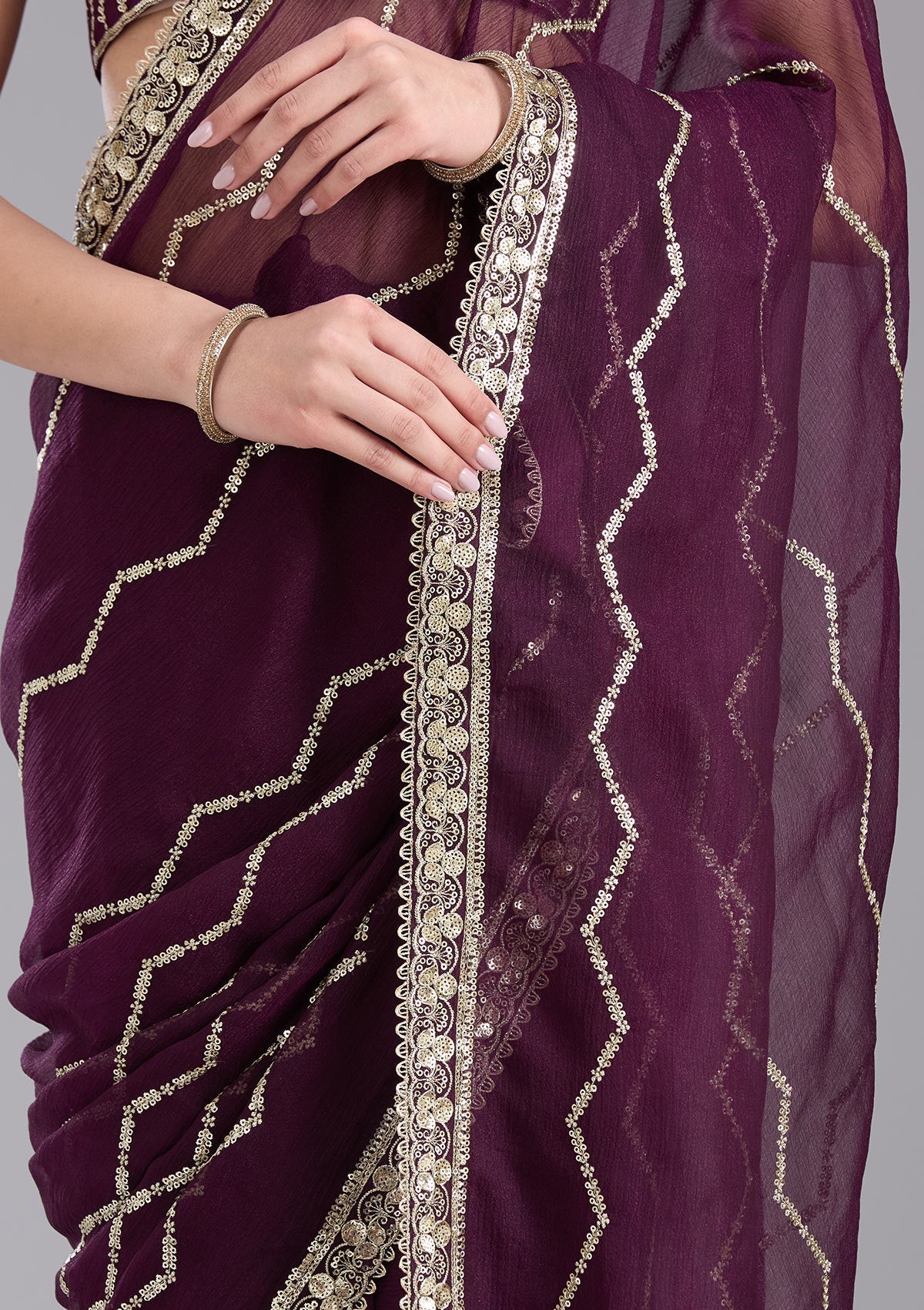 Wine Sequins Georgette Saree