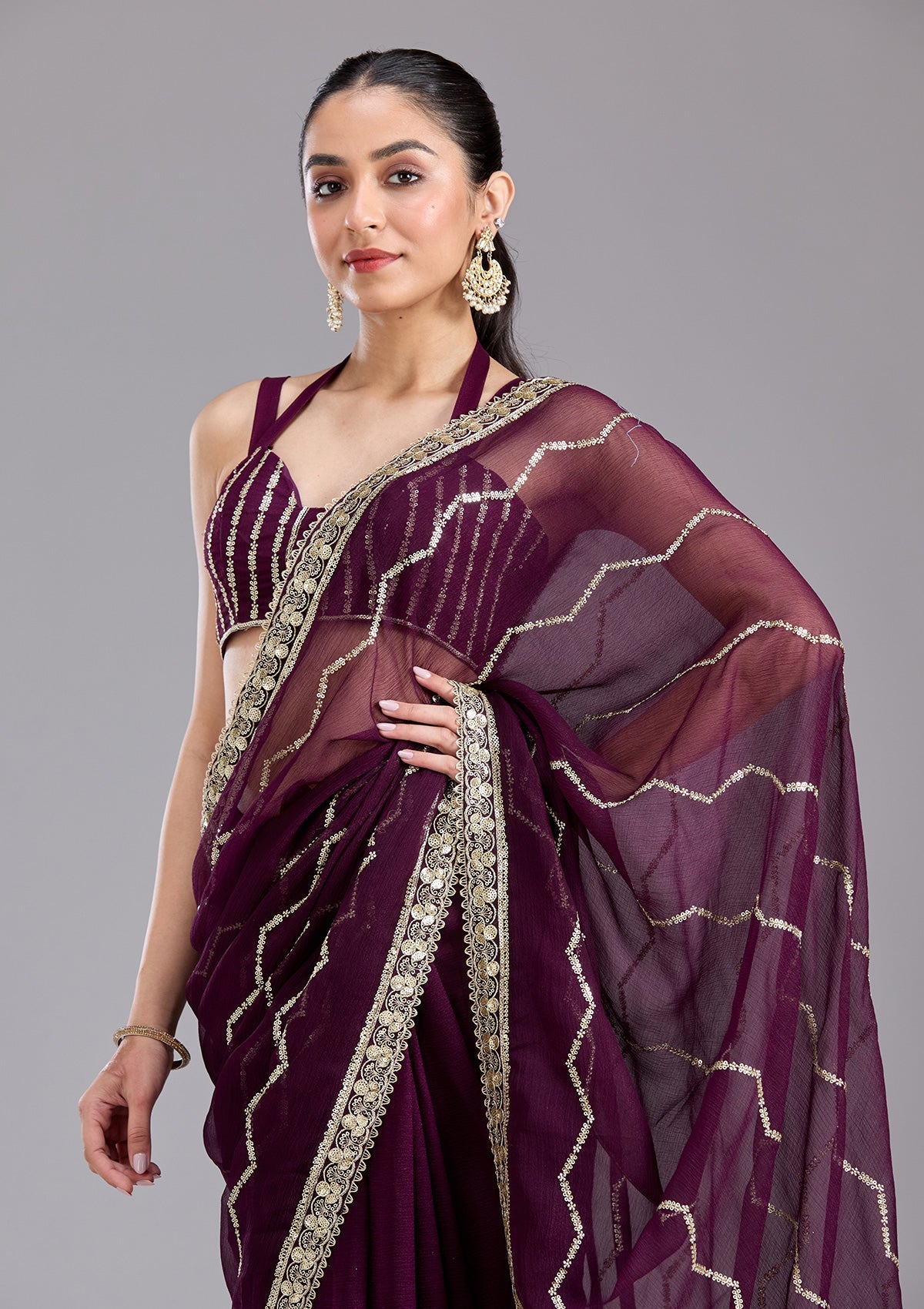 Wine Sequins Georgette Saree