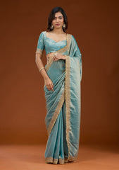 Blue Zariwork (Gold) Tissue Saree