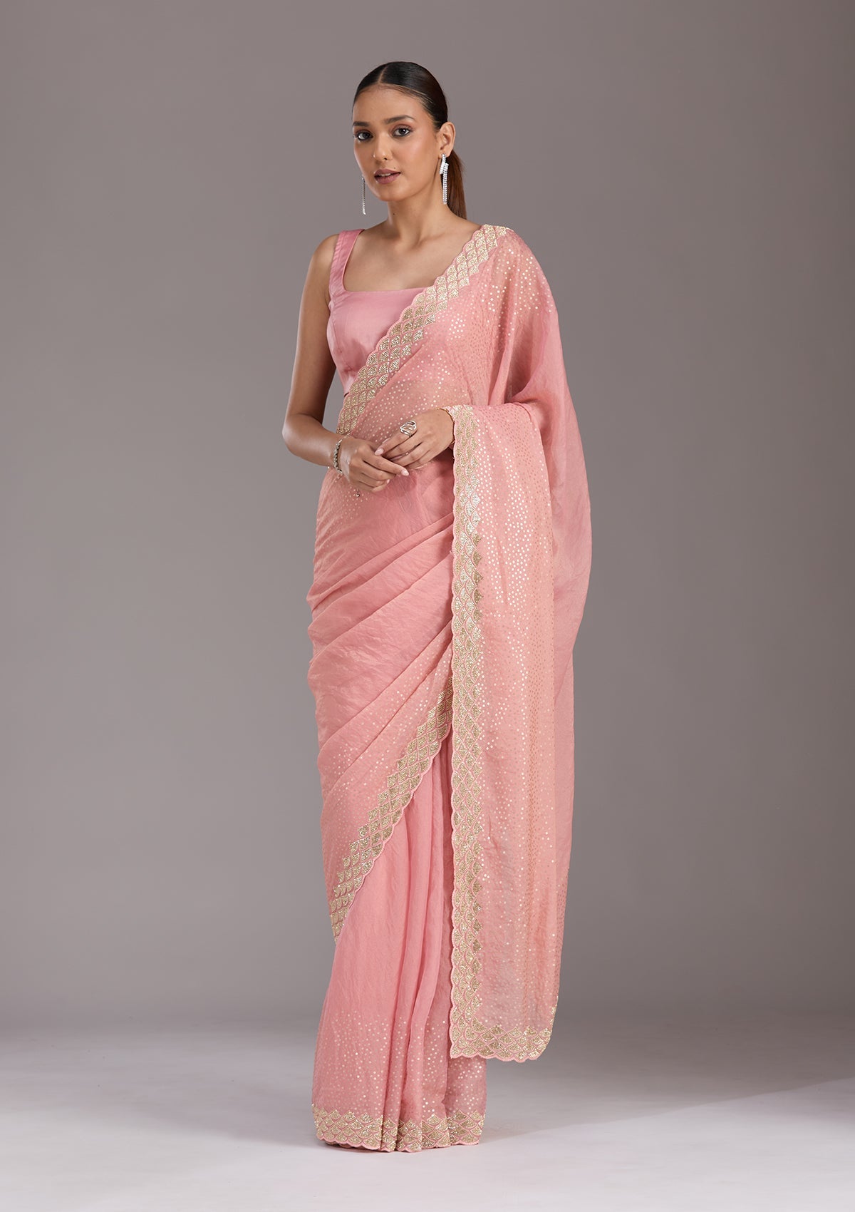 Baby Pink Sequins Tissue Saree