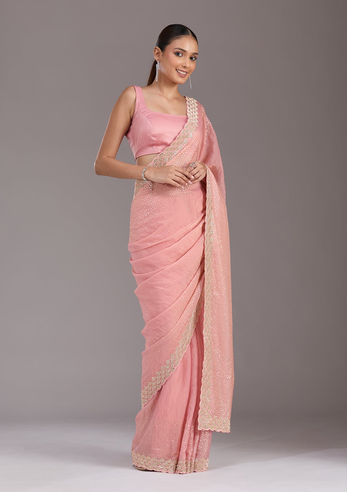 Baby Pink Sequins Tissue Saree