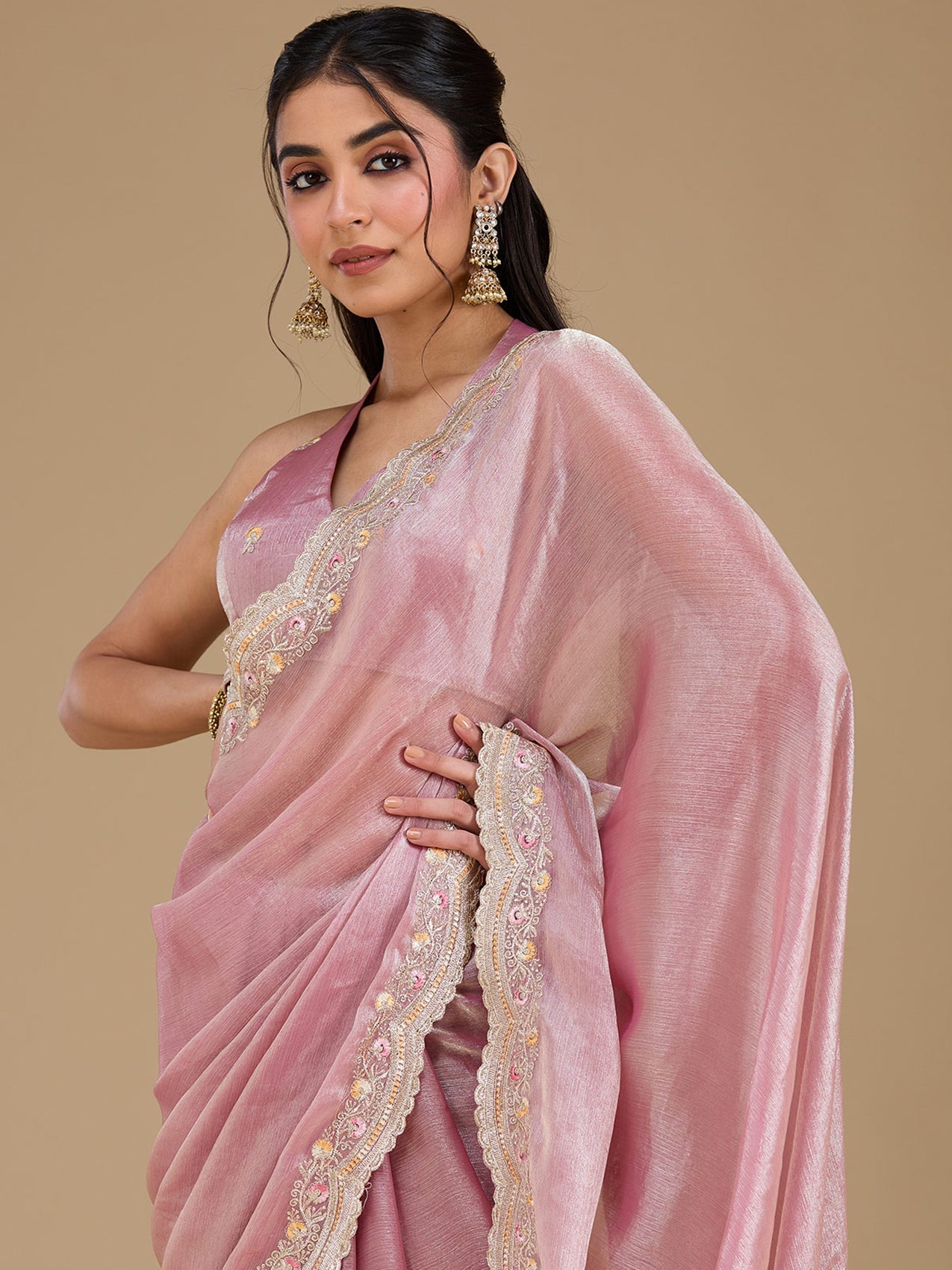 Onion Pink Zariwork (Gold) Tissue Saree