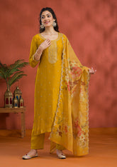 Mustard Threadwork Raw Silk Readymade Salwar Suit