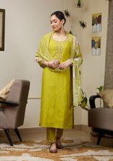 Parrot Green Cutdana Chanderi Readymade Salwar Suit