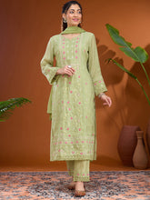 Pista Green Threadwork Chanderi Readymade Salwar Suit