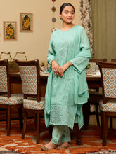 Sea Green Threadwork Chanderi Readymade Salwar Suit