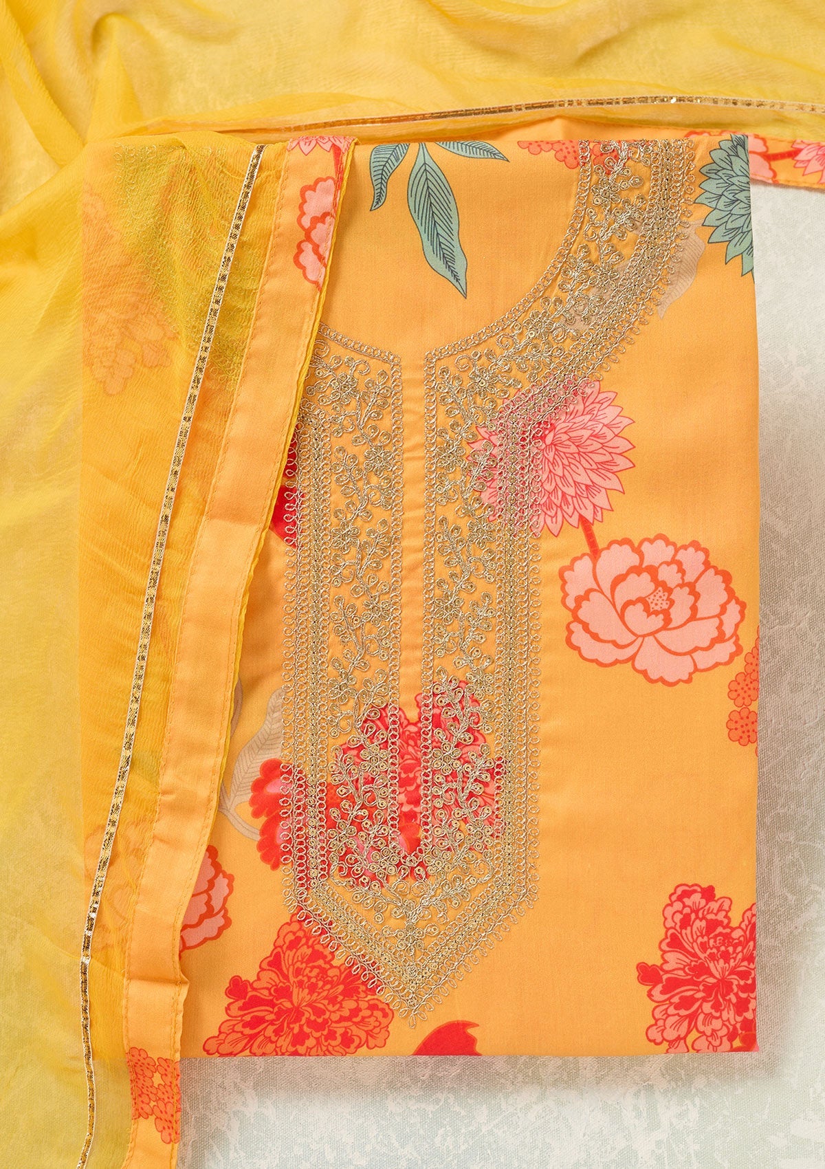 Yellow Zariwork (Gold) Cotton Unstitched Salwar Suit
