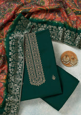 Bottle Green Threadwork Dola Silk Unstitched Salwar Suit